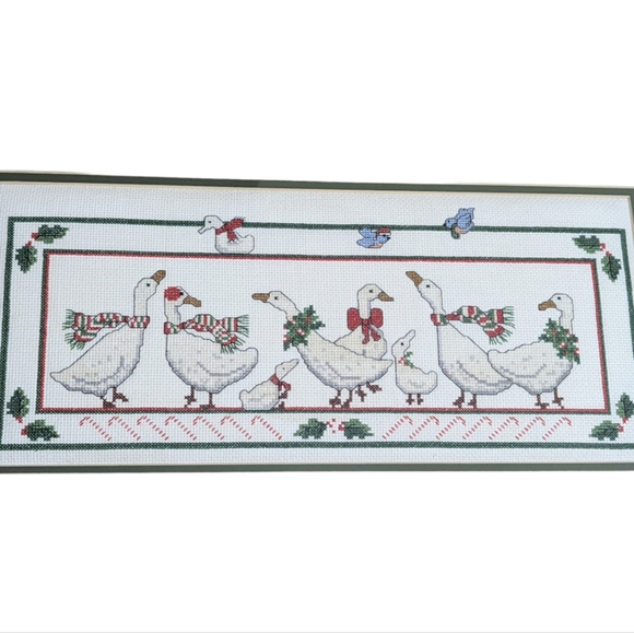 Vintage Cross Stitch Framed 8 Geese Gathering Christmas Holiday Blue Bird Holly - Picture 3 of 11